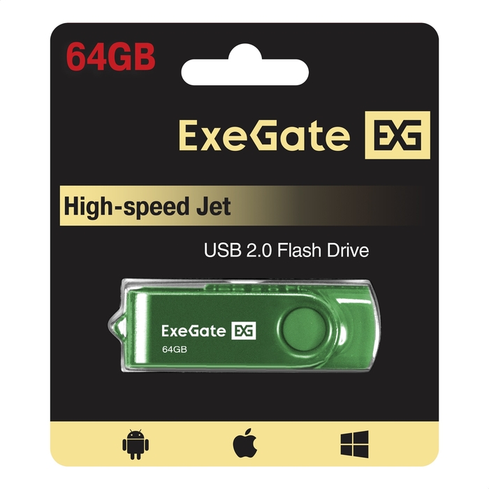 Флешка USB 64Gb, USB 2.0, ExeGate Jet <EX302056RUS> зеленый, пластик/металл
